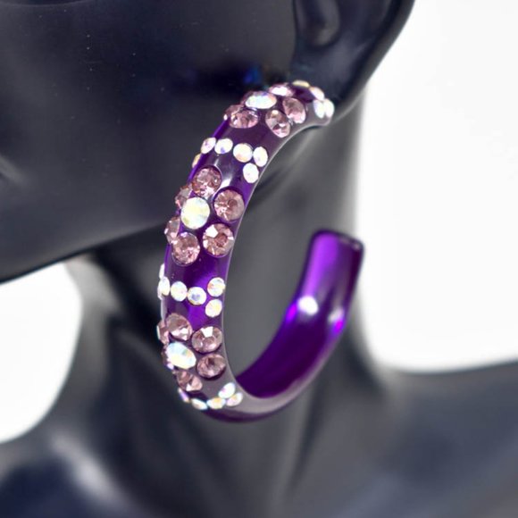2" Flower Pattern Purple Lucite Rhinestone Hoops - Picture 12 of 13